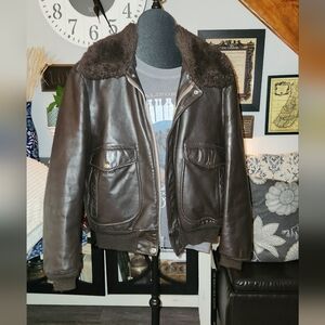 JCPenney Dark Brown Leather Bomber Jacket with Shearling Collar